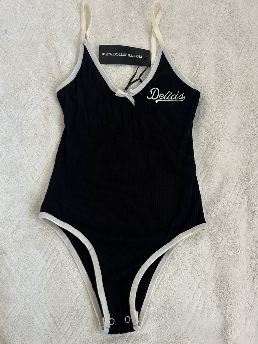 Dolls Kill Black and White Ribbed Logo Trim Tank Bodysuit